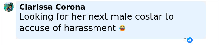 Facebook comment by Clarissa Corona joking about Blake Lively and harassment accusations in a rom-com context.