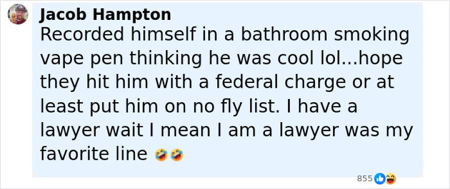 Comment about man breaking the law in airplane bathroom, sparking in-flight showdown with attendant. Comment about man breaking the law in airplane bathroom, sparking in-flight showdown with attendant.