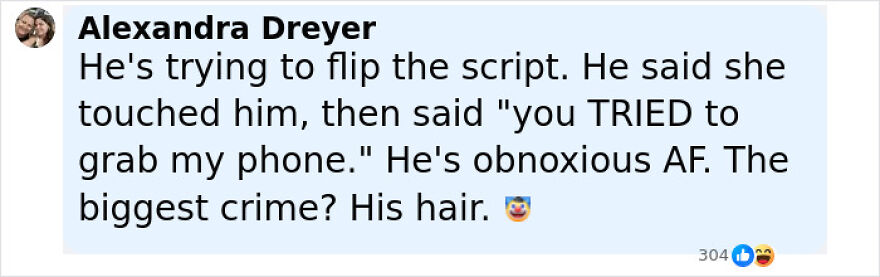 Screenshot of a social media comment discussing a man involved in an in-flight showdown after breaking the law in a bathroom. Screenshot of a social media comment discussing a man involved in an in-flight showdown after breaking the law in a bathroom.