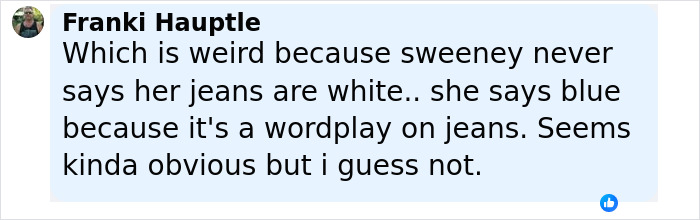 Comment by Franki Hauptle discussing Sydney Sweeney jeans color and wordplay related to Lizzo parody controversy.