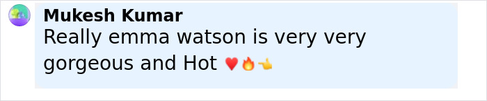 Comment text praising Emma Watson as gorgeous and hot with heart and fire emojis in a social media post.
