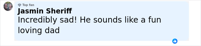 Comment from Jasmin Sheriff expressing sadness about a fun loving dad who lost his life.