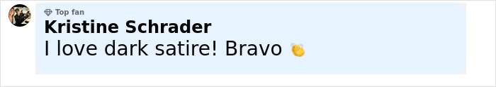 Comment from Kristine Schrader expressing love for dark satire with applause emoji on social media post about dog meat farm owner threats. - 23