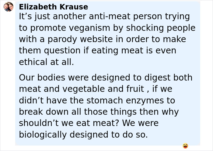 Comment by Elizabeth Krause discussing ethical concerns and biological design related to eating meat amid dog meat farm controversy. - 24