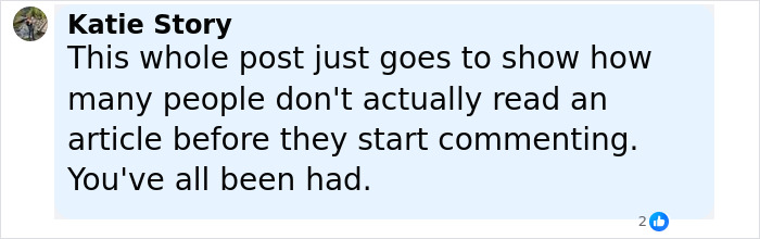 Comment from Katie Story discussing people not reading articles before commenting, related to dog meat farm owner threats. - 27
