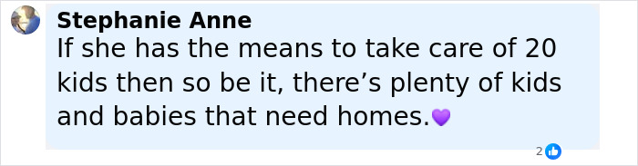 Comment expressing support for Millie Bobby Brown adopting babies in need, highlighting care for children and homes.