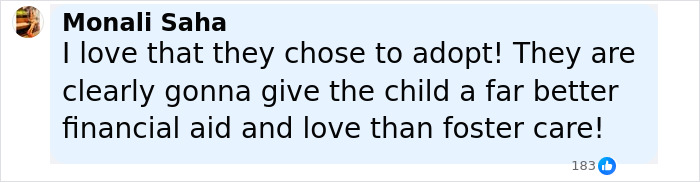 Comment praising Millie Bobby Brown&rsquo;s decision to adopt, highlighting better financial aid and love than foster care.