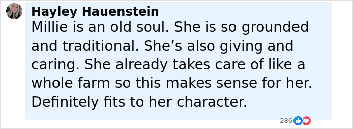 Comment from Hayley Hauenstein praising Millie Bobby Brown&rsquo;s grounded and caring nature after adoption news at 21.