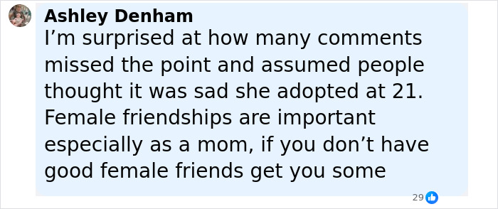 ALT text: Facebook comment discussing Millie Bobby Brown adopting a baby at 21 and the importance of female friendships for moms