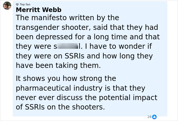 Comment discussing the manifesto of the Minneapolis massacre culprit and the potential link to SSRI medication use.