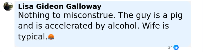 Commenter Lisa Gideon Galloway criticizes intoxicated man’s behavior and defends supermodel wife’s response to his pain. Commenter Lisa Gideon Galloway criticizes intoxicated man’s behavior and defends supermodel wife’s response to his pain.