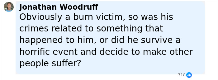 Comment discussing a burn victim in relation to crimes, reflecting on motives behind Batman villain behavior.