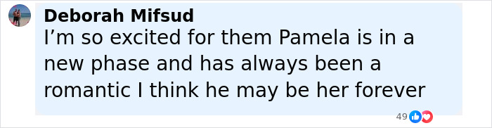 Comment by Deborah Mifsud expressing excitement about Liam Neeson's rumored romance with Pamela Anderson. - 13