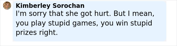 Comment by Kimberley Sorochan expressing sympathy about influencer’s injury after stiletto challenge fall. - 7