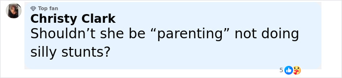 Comment by Christy Clark questioning parenting choices over doing stunts, related to influencer fractures spine SEO topic. - 9