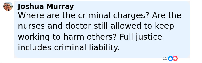 Comment by Joshua Murray expressing concern over lack of criminal charges after family awarded nearly a billion dollars for gravely disabled baby case.