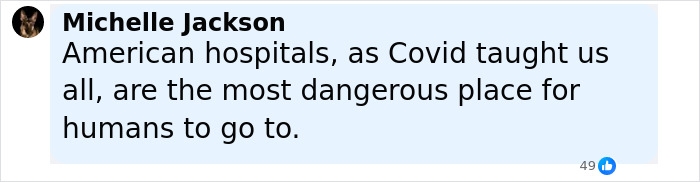 Screenshot of a Facebook comment by Michelle Jackson discussing dangers of American hospitals during Covid.