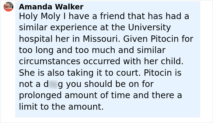 Comment from Amanda Walker sharing a similar case involving a healthy pregnancy ending with a gravely disabled baby.