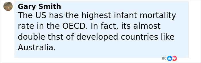Comment by Gary Smith highlighting the US infant mortality rate nearly double that of developed countries like Australia.