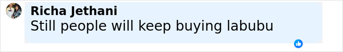 Comment by Richa Jethani stating that people will keep buying Labubu dolls, highlighting the popularity of Labubu products.