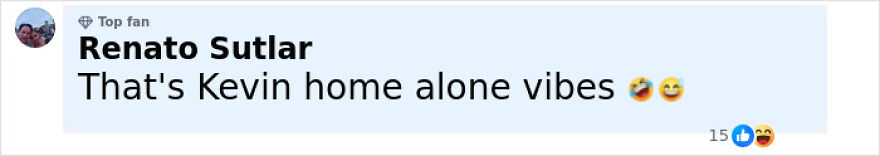 Comment from Renato Sutlar mentioning Kevin and home alone vibes with laughing emojis on a social media platform.