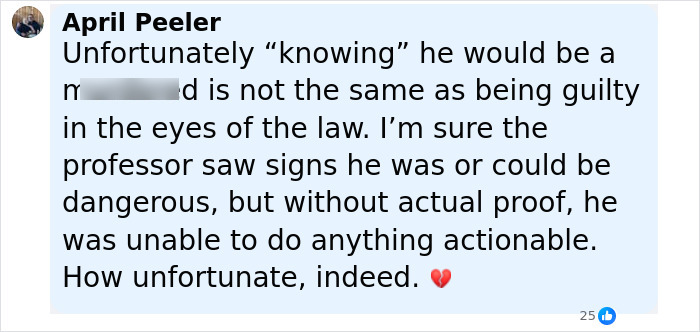 Comment from April Peeler discussing professor&rsquo;s chilling warning about Bryan Kohberger&rsquo;s behavior before tragedy occurred.