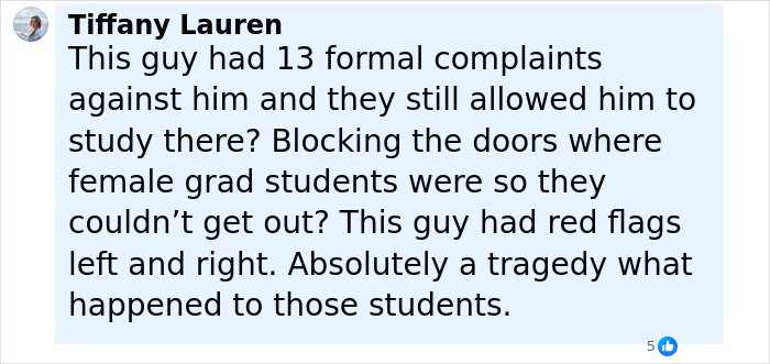 Comment by Tiffany Lauren highlighting complaints about Bryan Kohberger's behavior before the tragedy involving female grad students.