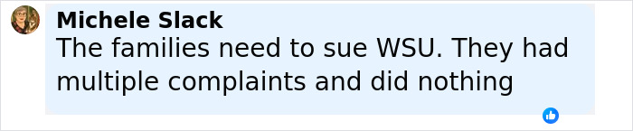 Comment by Michele Slack stating families should sue WSU for ignoring multiple complaints about Bryan Kohberger's behavior.