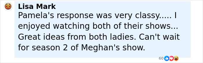 Comment by Lisa Mark praising Pamela Anderson's classy response amid Meghan Markle cooking show accusations. - 7