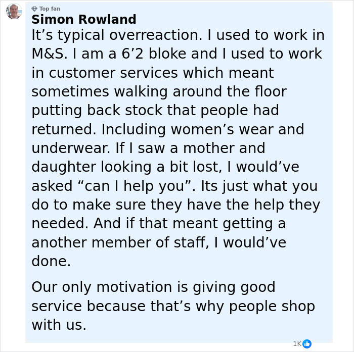 Comment from Simon Rowland about customer service experiences and reactions to alleged trans employee helping a 14-year-old.