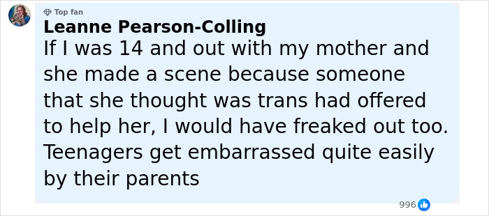 Comment from Leanne Pearson-Colling on a mother upset over alleged trans employee helping her 14-year-old child.