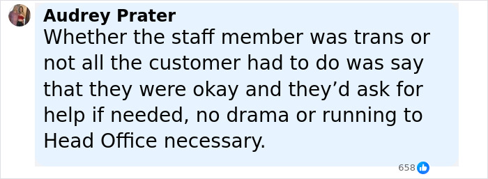 Comment by Audrey Prater discussing alleged trans employee offering help and customer reaction in a social media post.