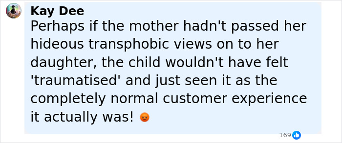 Screenshot of a social media comment addressing transphobic views related to an alleged trans employee incident.