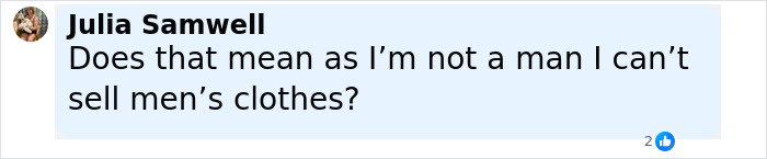 Text message conversation with Julia Samwell asking about selling men's clothes as not a man, related to alleged trans employee topic.