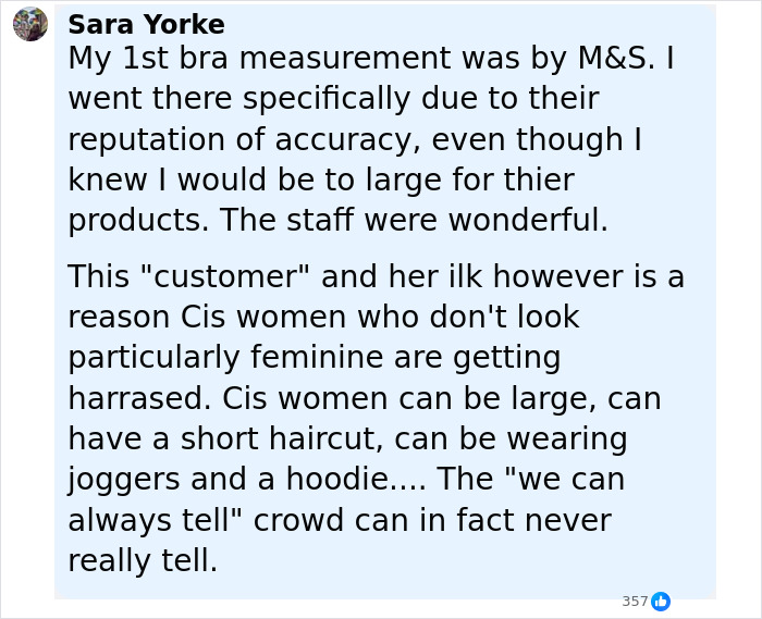 Alt text: Social media comment discussing harassment of cis women and alleged trans employee interaction after J.K. Rowling speaks out.