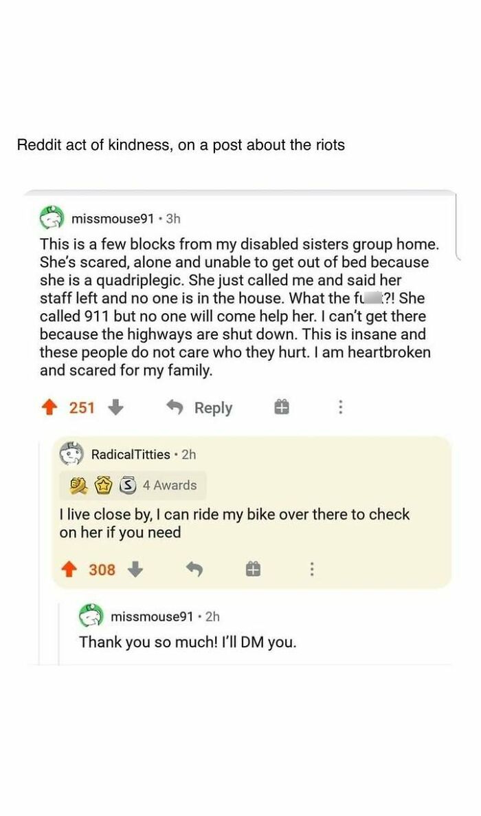 Reddit kindness post shows heartwarming support during riots, offering help to a disabled woman in distress nearby.