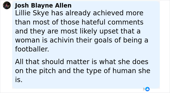Comment defending new soccer team signing amidst trolls criticizing her appearance after announcement removal.