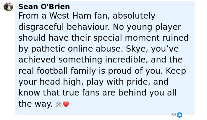 Comment from a fan defending young soccer player after trolls target her appearance following new signing announcement.