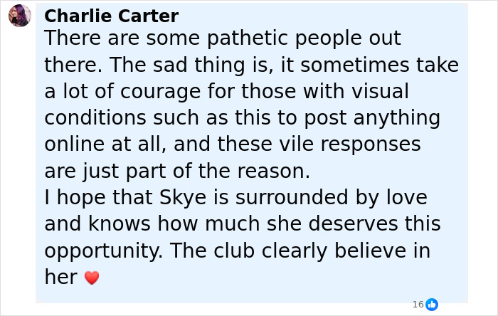 Comment supporting new soccer team signing facing online trolls, highlighting courage amid negative responses and club belief.