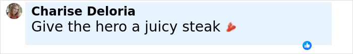Comment saying give the hero a juicy steak with a small steak emoji on a light blue background. - 15