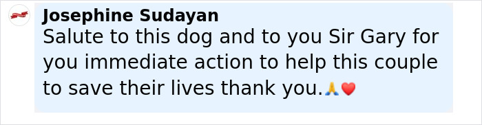 Comment praising a dog that barks at a stranger to follow him, and commending Sir Gary for helping two people in dire need of help. - 19