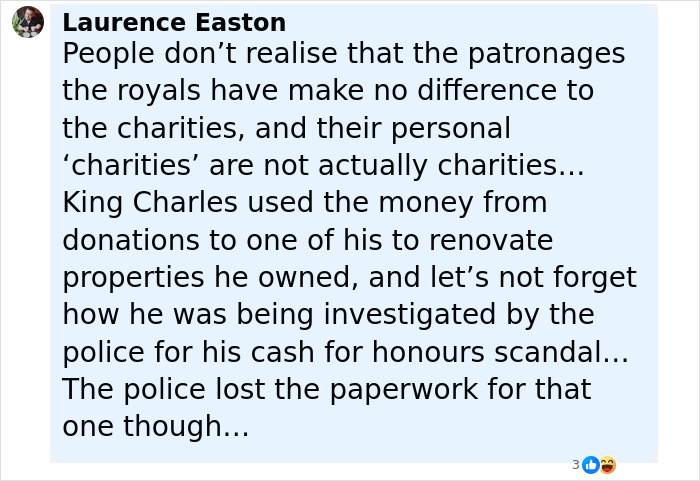 Comment by Laurence Easton discussing royal patronages, charity misuse, and police investigation related to scandal findings. - 22