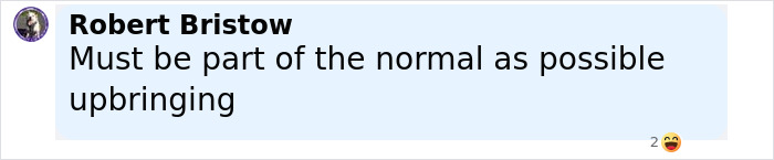 Comment by Robert Bristow expressing that the situation must be part of a normal upbringing, with two laughing reactions. Comment by Robert Bristow expressing that the situation must be part of a normal upbringing, with two laughing reactions.