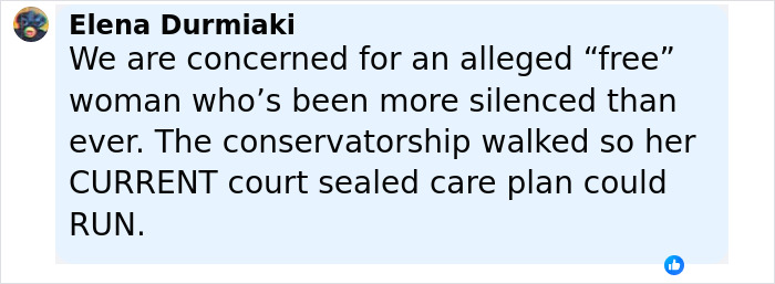 Social media post expressing concern over Britney Spears' mental help and recent public appearance.