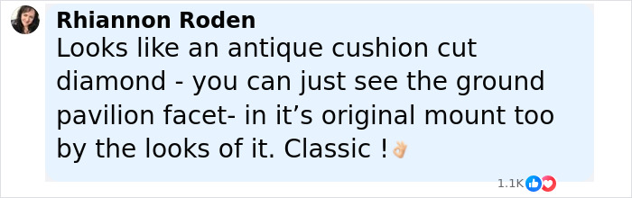 Comment by Rhiannon Roden discussing the antique cushion cut diamond on Taylor Swift's $1M engagement ring with hidden engraving. Comment by Rhiannon Roden discussing the antique cushion cut diamond on Taylor Swift's $1M engagement ring with hidden engraving.