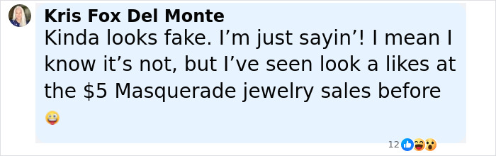 Commenter Kris Fox Del Monte discussing doubts about the authenticity of a $1M engagement ring engraving. Commenter Kris Fox Del Monte discussing doubts about the authenticity of a $1M engagement ring engraving.