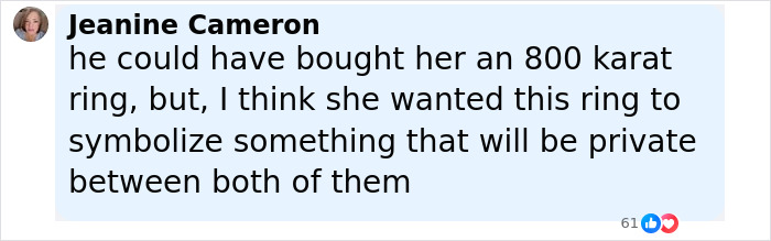 Comment highlighting Travis Kelce's hidden engraving on Taylor Swift's $1M engagement ring symbolizing their private bond. Comment highlighting Travis Kelce's hidden engraving on Taylor Swift's $1M engagement ring symbolizing their private bond.