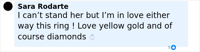 Comment highlighting love for yellow gold and diamonds on Taylor Swift's engagement ring with Travis Kelce's hidden engraving. Comment highlighting love for yellow gold and diamonds on Taylor Swift's engagement ring with Travis Kelce's hidden engraving.