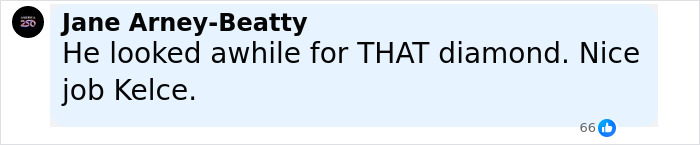 Facebook comment from Jane Arney-Beatty praising Travis Kelce for finding the hidden engraving on Taylor Swift's engagement ring. Facebook comment from Jane Arney-Beatty praising Travis Kelce for finding the hidden engraving on Taylor Swift's engagement ring.