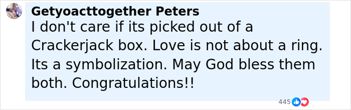 User comment about love and congratulations, related to fans spotting Travis Kelce's hidden engraving on Taylor Swift's engagement ring. User comment about love and congratulations, related to fans spotting Travis Kelce's hidden engraving on Taylor Swift's engagement ring.